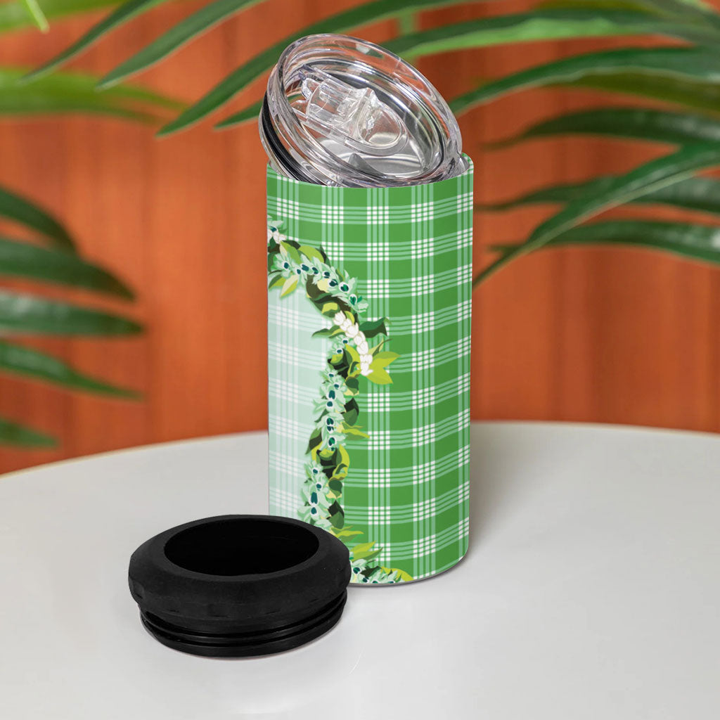 Green Hawaii Palaka 4 in 1 Can Cooler Tumbler Maile Pikake Honohono Orchid Lei