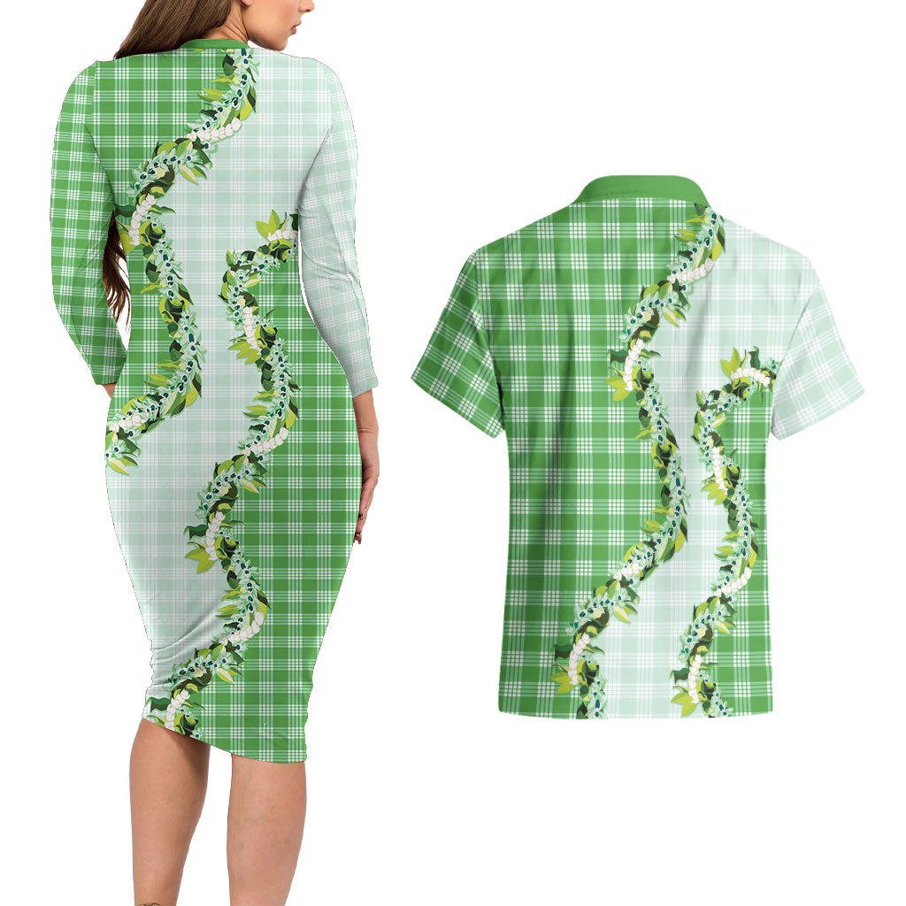 Green Hawaii Palaka Couples Matching Long Sleeve Bodycon Dress and Hawaiian Shirt Maile Pikake Honohono Orchid Lei LT05 - Polynesian Pride
