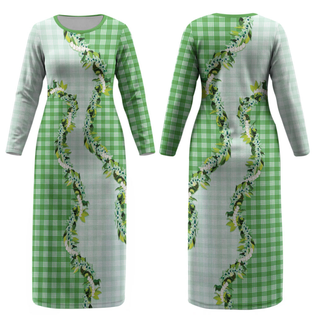 Green Hawaii Palaka Couples Matching Long Sleeve Bodycon Dress and Hawaiian Shirt Maile Pikake Honohono Orchid Lei LT05 - Polynesian Pride
