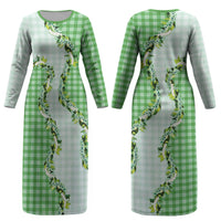 Green Hawaii Palaka Couples Matching Long Sleeve Bodycon Dress and Hawaiian Shirt Maile Pikake Honohono Orchid Lei LT05 - Polynesian Pride