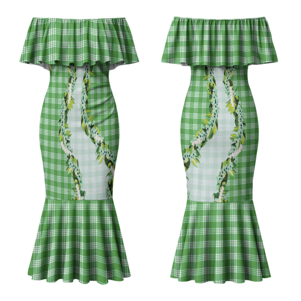 Green Hawaii Palaka Couples Matching Mermaid Dress and Hawaiian Shirt Maile Pikake Honohono Orchid Lei LT05 - Polynesian Pride