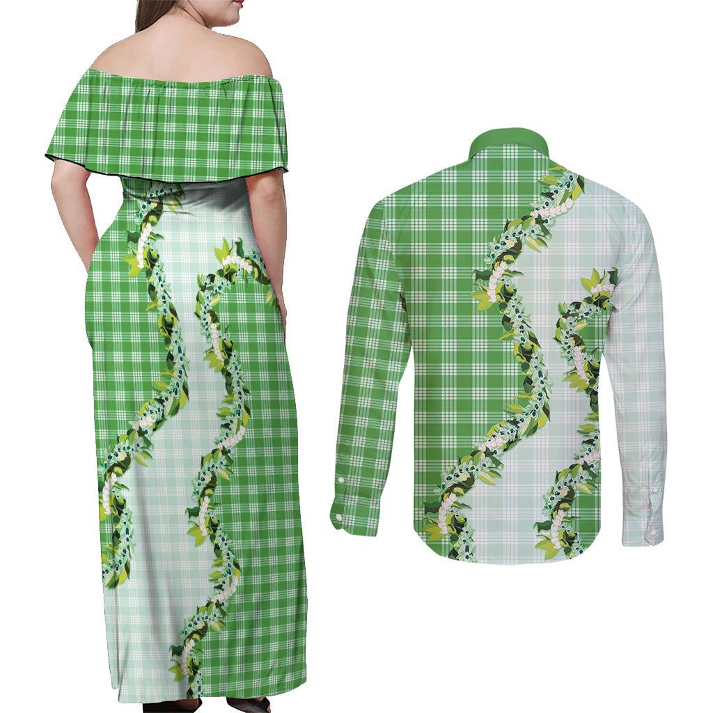 Green Hawaii Palaka Couples Matching Off Shoulder Maxi Dress and Long Sleeve Button Shirt Maile Pikake Honohono Orchid Lei LT05 - Polynesian Pride