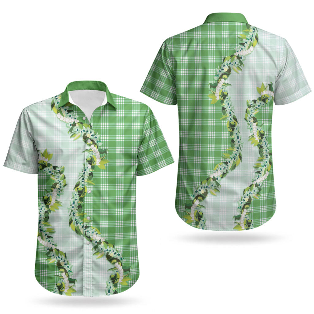 Green Hawaii Palaka Couples Matching Off Shoulder Short Dress and Hawaiian Shirt Maile Pikake Honohono Orchid Lei LT05 - Polynesian Pride