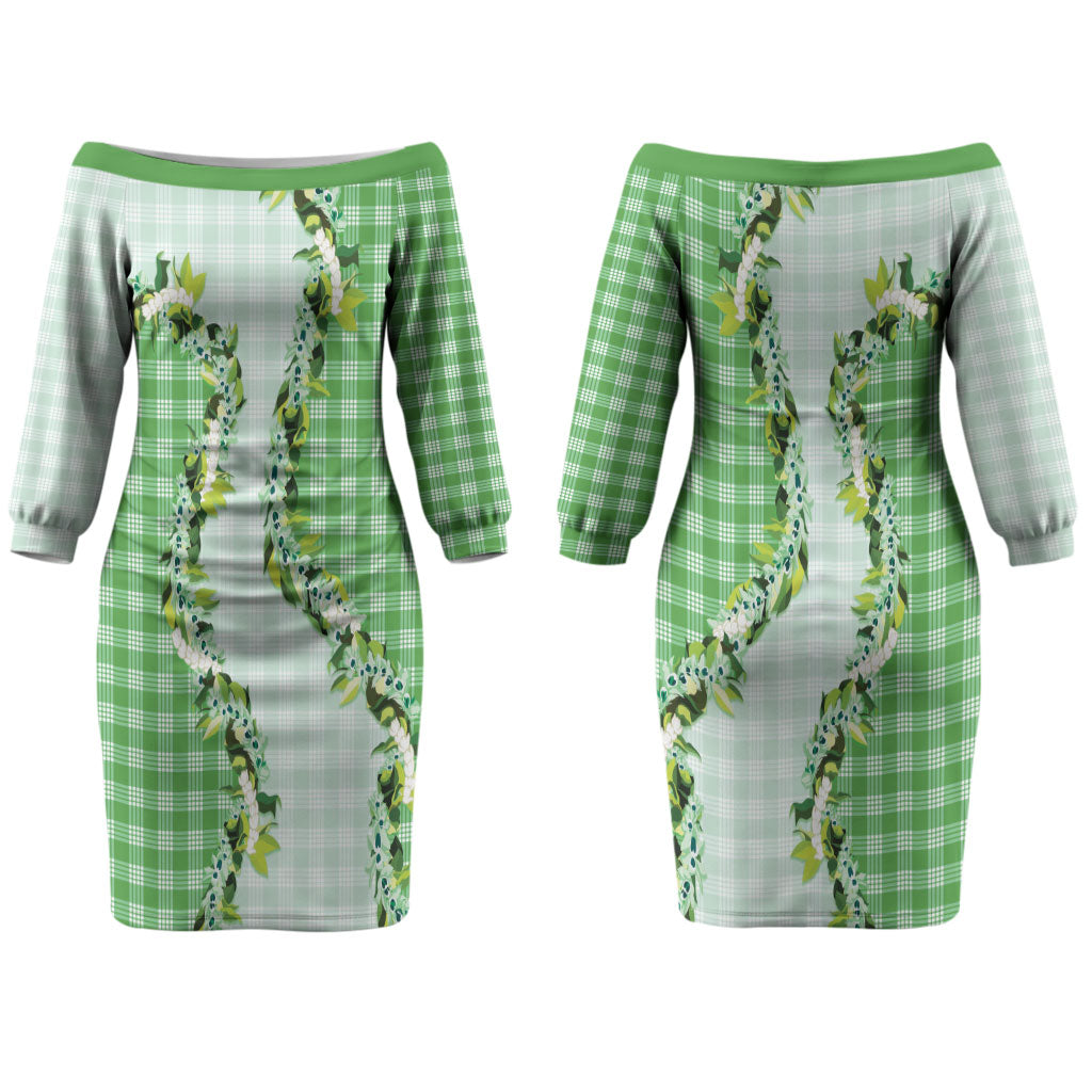 Green Hawaii Palaka Couples Matching Off The Shoulder Long Sleeve Dress and Long Sleeve Button Shirt Maile Pikake Honohono Orchid Lei LT05 - Polynesian Pride