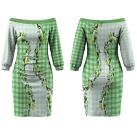 Green Hawaii Palaka Couples Matching Off The Shoulder Long Sleeve Dress and Long Sleeve Button Shirt Maile Pikake Honohono Orchid Lei LT05 - Polynesian Pride