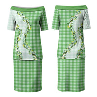 Green Hawaii Palaka Couples Matching Puletasi and Long Sleeve Button Shirt Maile Pikake Honohono Orchid Lei LT05 - Polynesian Pride