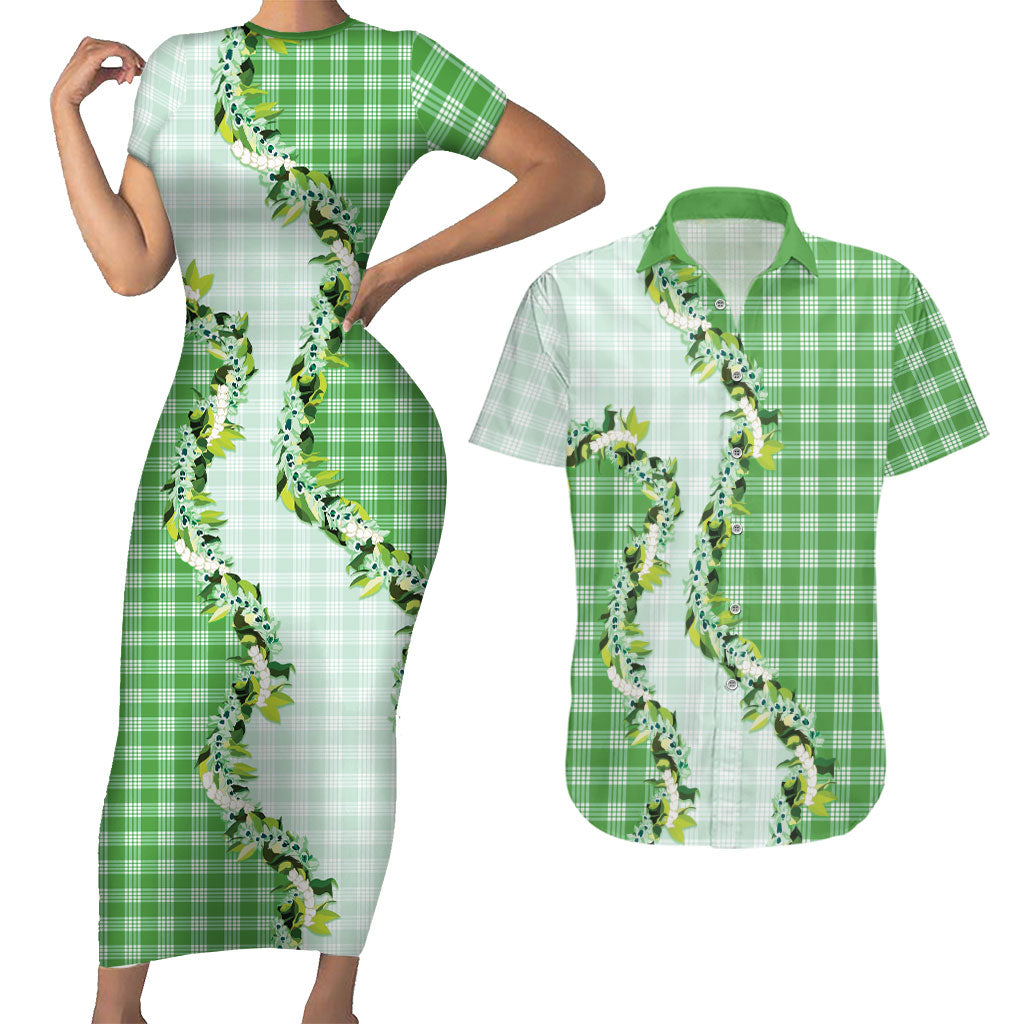 Green Hawaii Palaka Couples Matching Short Sleeve Bodycon Dress and Hawaiian Shirt Maile Pikake Honohono Orchid Lei LT05 Green - Polynesian Pride