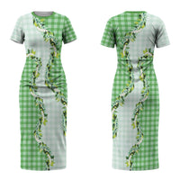 Green Hawaii Palaka Couples Matching Short Sleeve Bodycon Dress and Hawaiian Shirt Maile Pikake Honohono Orchid Lei LT05 - Polynesian Pride
