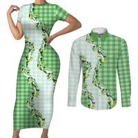 Green Hawaii Palaka Couples Matching Short Sleeve Bodycon Dress and Long Sleeve Button Shirt Maile Pikake Honohono Orchid Lei LT05 Green - Polynesian Pride