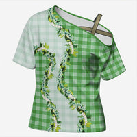 Green Hawaii Palaka Cross Shoulder Shirt Maile Pikake Honohono Orchid Lei