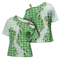 Green Hawaii Palaka Cross Shoulder Shirt Maile Pikake Honohono Orchid Lei