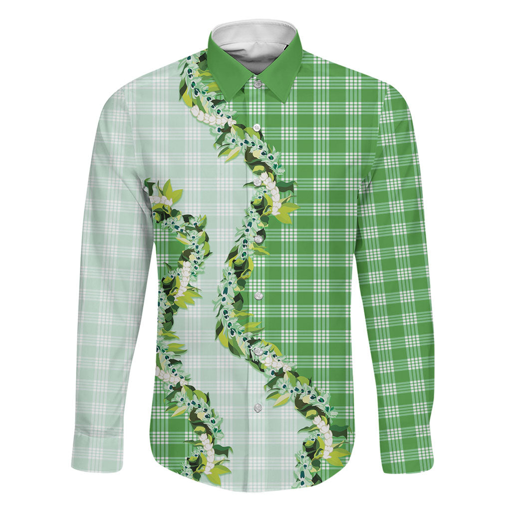 Green Hawaii Palaka Family Matching Mermaid Dress and Hawaiian Shirt Maile Pikake Honohono Orchid Lei LT05 Dad's Shirt - Long Sleeve Green - Polynesian Pride
