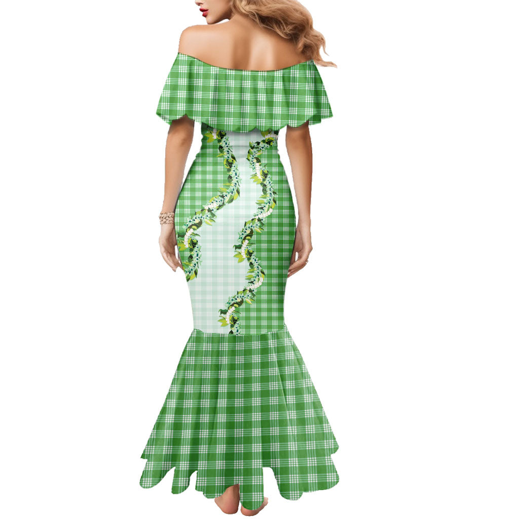 Green Hawaii Palaka Family Matching Mermaid Dress and Hawaiian Shirt Maile Pikake Honohono Orchid Lei LT05 - Polynesian Pride