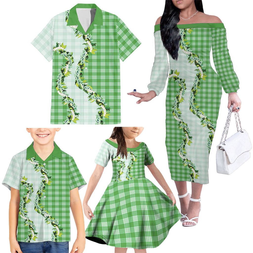 Green Hawaii Palaka Family Matching Off The Shoulder Long Sleeve Dress and Hawaiian Shirt Maile Pikake Honohono Orchid Lei LT05 - Polynesian Pride
