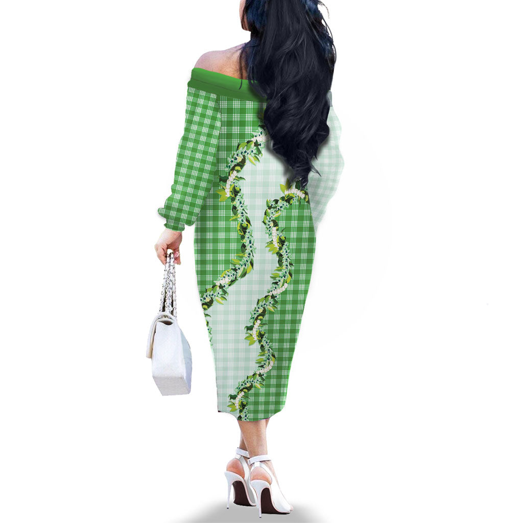 Green Hawaii Palaka Family Matching Off The Shoulder Long Sleeve Dress and Hawaiian Shirt Maile Pikake Honohono Orchid Lei LT05 - Polynesian Pride
