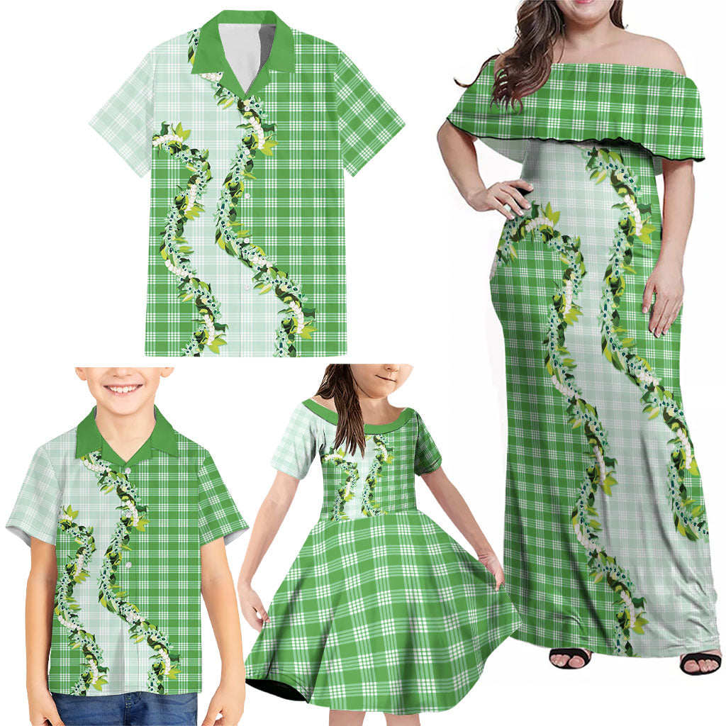 Green Hawaii Palaka Family Matching Off Shoulder Maxi Dress and Hawaiian Shirt Maile Pikake Honohono Orchid Lei