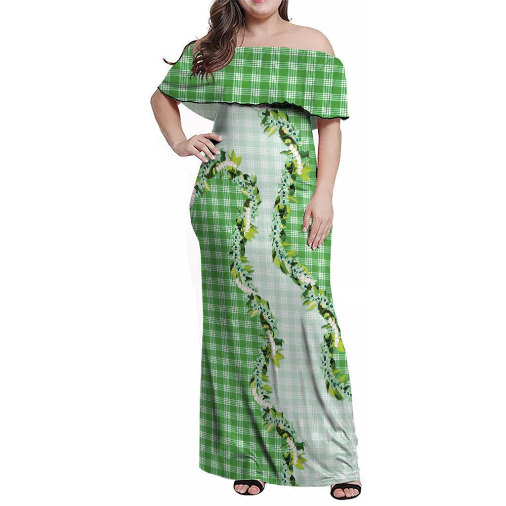 Green Hawaii Palaka Family Matching Off Shoulder Maxi Dress and Hawaiian Shirt Maile Pikake Honohono Orchid Lei LT05 Mom's Dress Green - Polynesian Pride