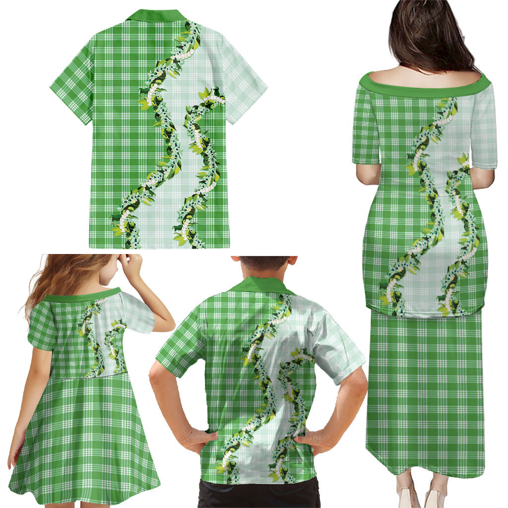 Green Hawaii Palaka Family Matching Puletasi and Hawaiian Shirt Maile Pikake Honohono Orchid Lei LT05 - Polynesian Pride