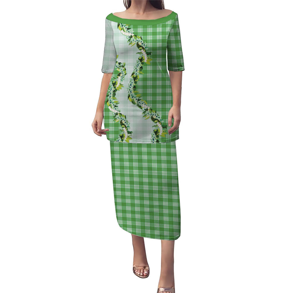 Green Hawaii Palaka Family Matching Puletasi and Hawaiian Shirt Maile Pikake Honohono Orchid Lei LT05 Mom's Dress Green - Polynesian Pride