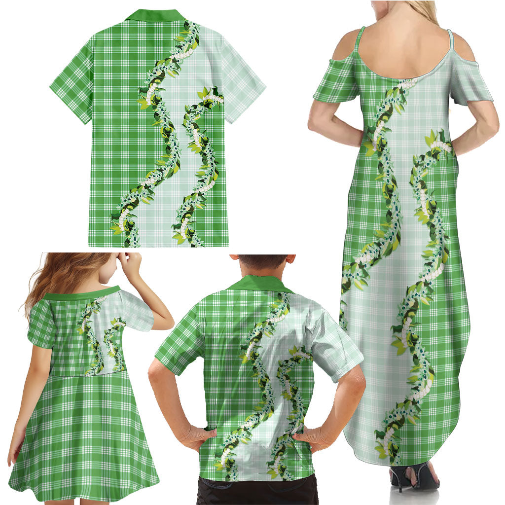 Green Hawaii Palaka Family Matching Summer Maxi Dress and Hawaiian Shirt Maile Pikake Honohono Orchid Lei LT05 - Polynesian Pride