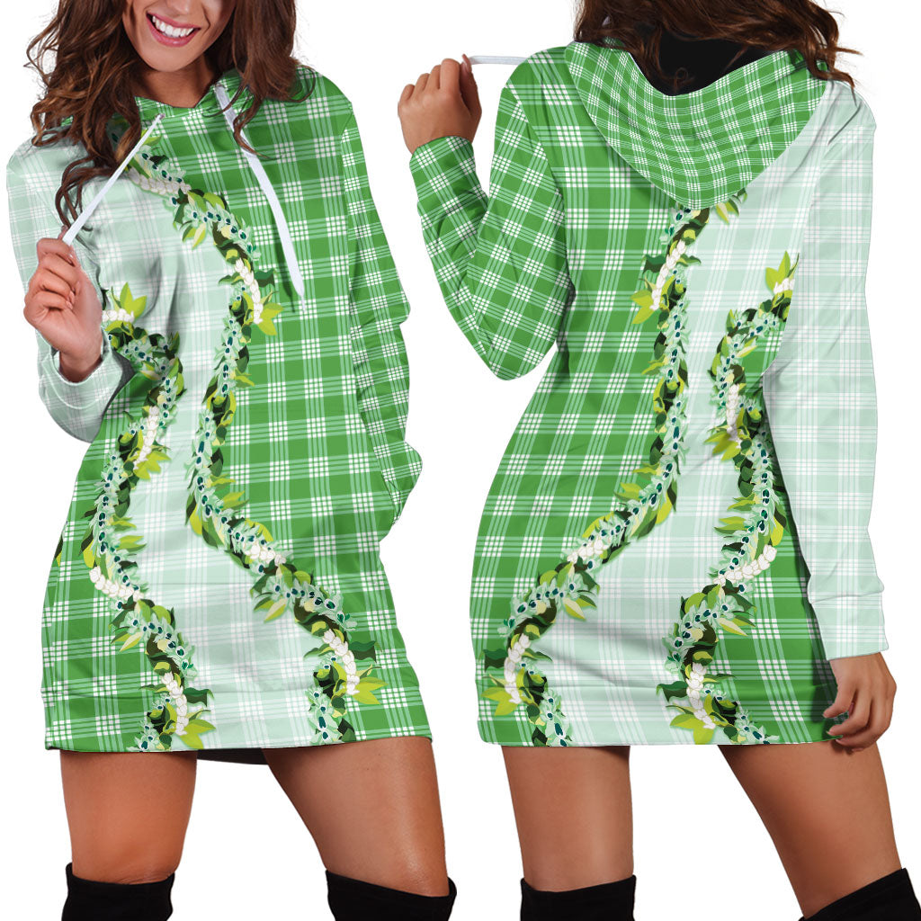 Green Hawaii Palaka Hoodie Dress Maile Pikake Honohono Orchid Lei LT05 - Polynesian Pride