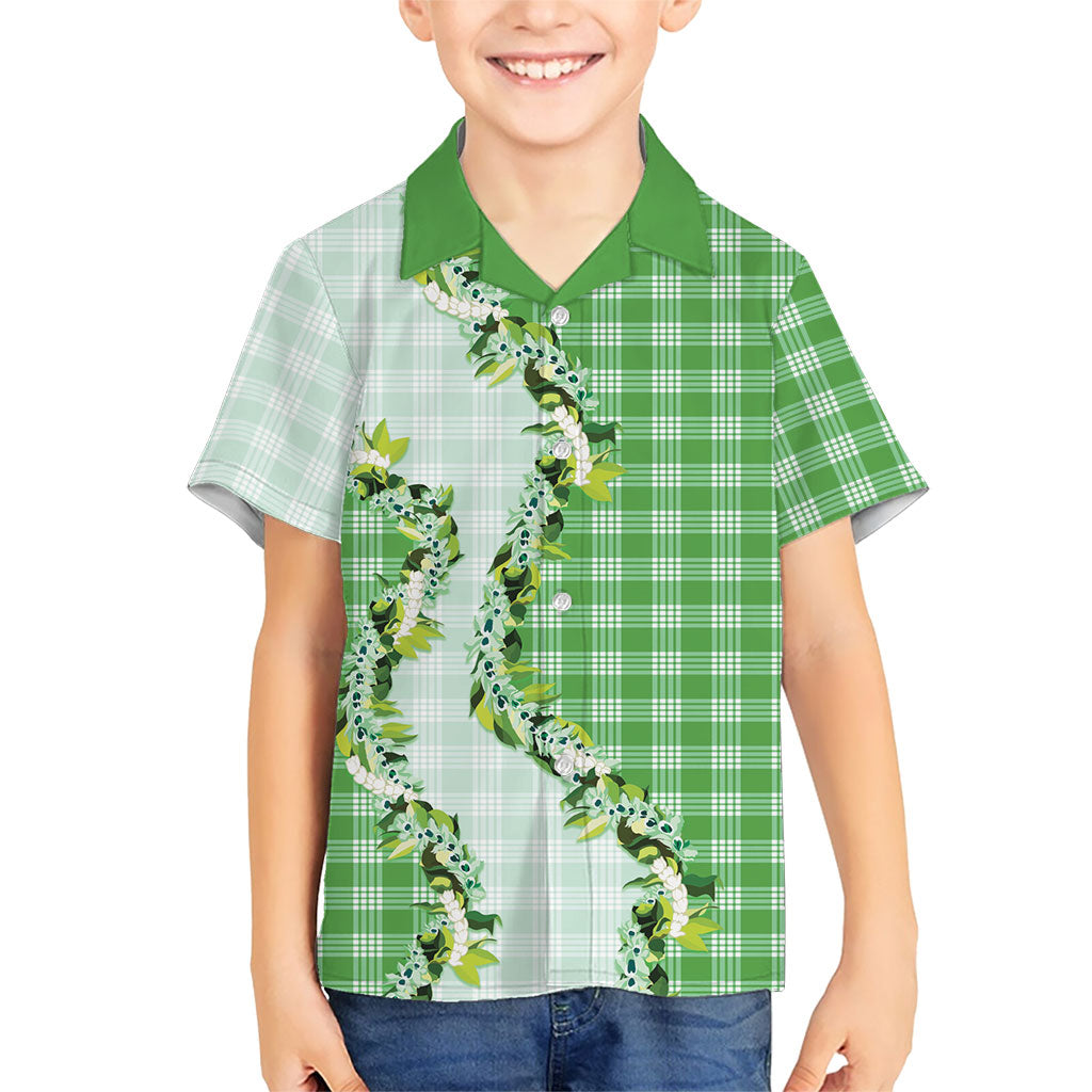 Green Hawaii Palaka Kid Hawaiian Shirt Maile Pikake Honohono Orchid Lei