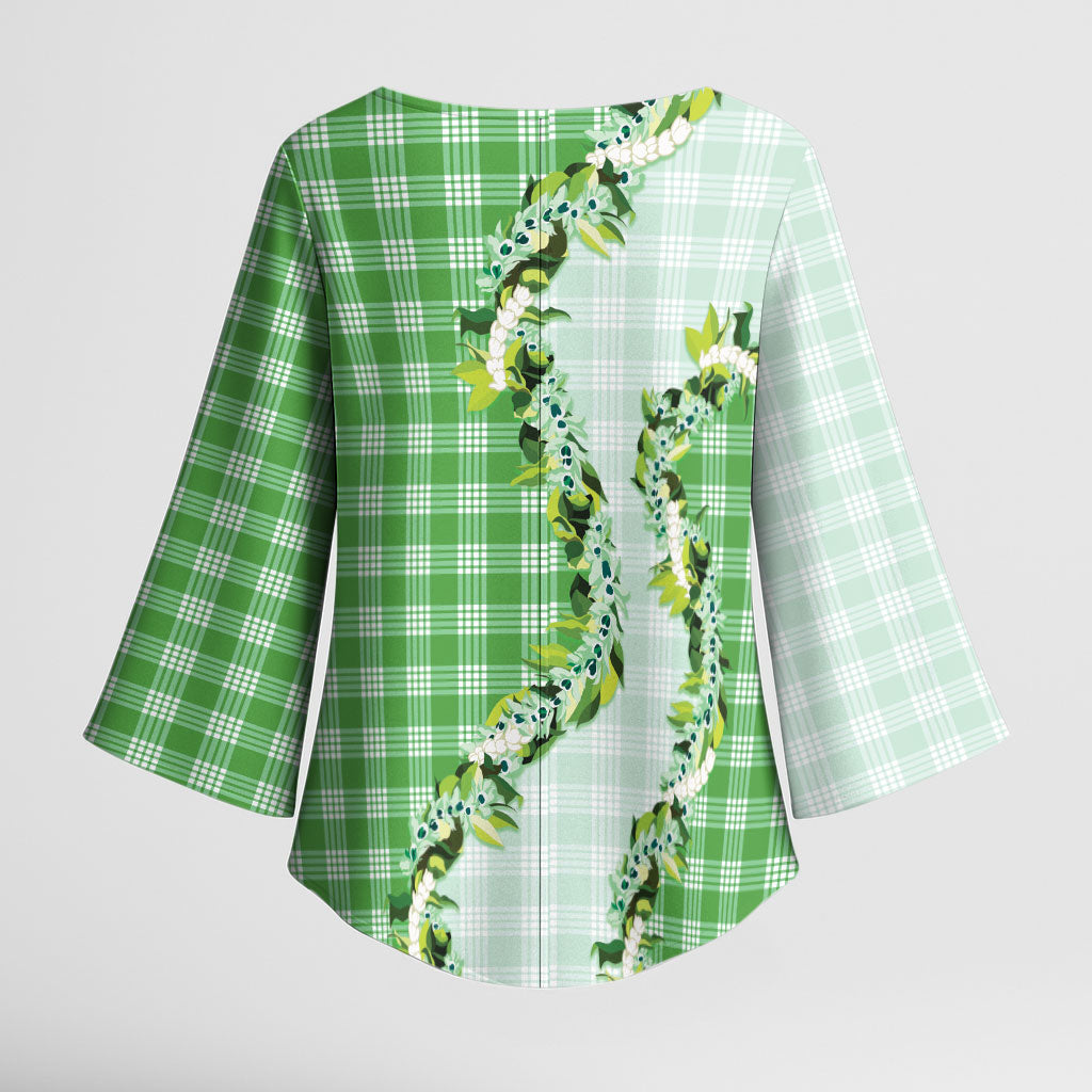 Green Hawaii Palaka Kimono Sleeve Blouse Maile Pikake Honohono Orchid Lei