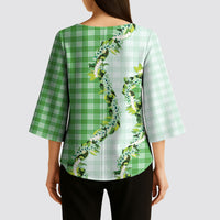 Green Hawaii Palaka Kimono Sleeve Blouse Maile Pikake Honohono Orchid Lei