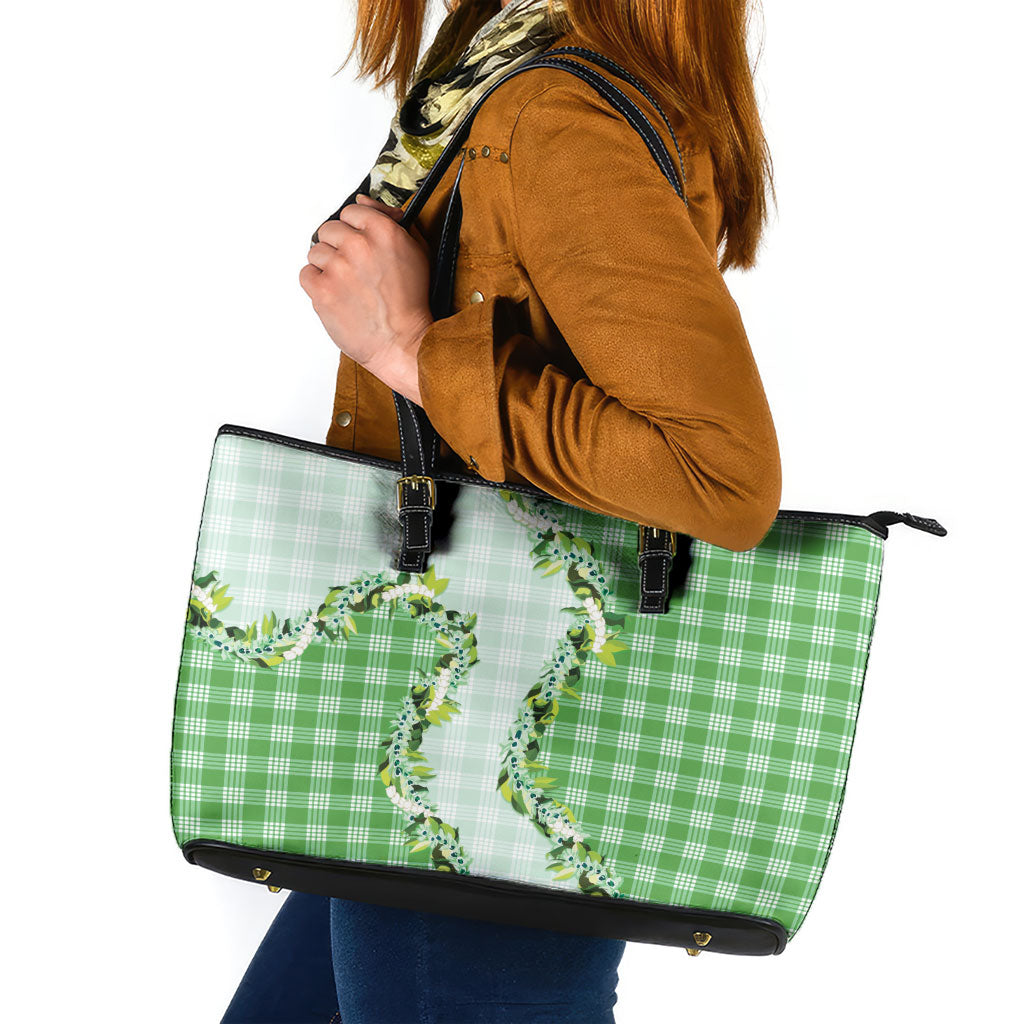 Green Hawaii Palaka Leather Tote Bag Maile Pikake Honohono Orchid Lei