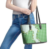 Green Hawaii Palaka Leather Tote Bag Maile Pikake Honohono Orchid Lei