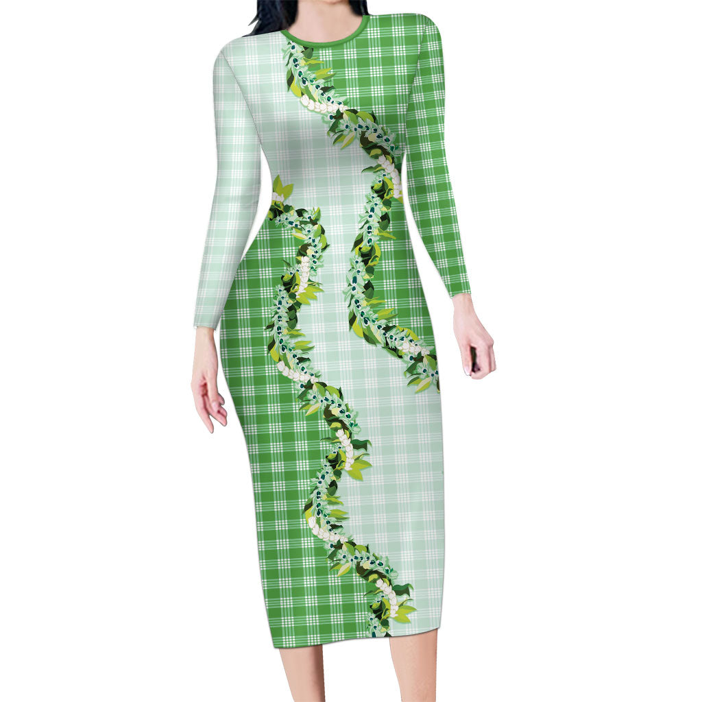 Green Hawaii Palaka Long Sleeve Bodycon Dress Maile Pikake Honohono Orchid Lei