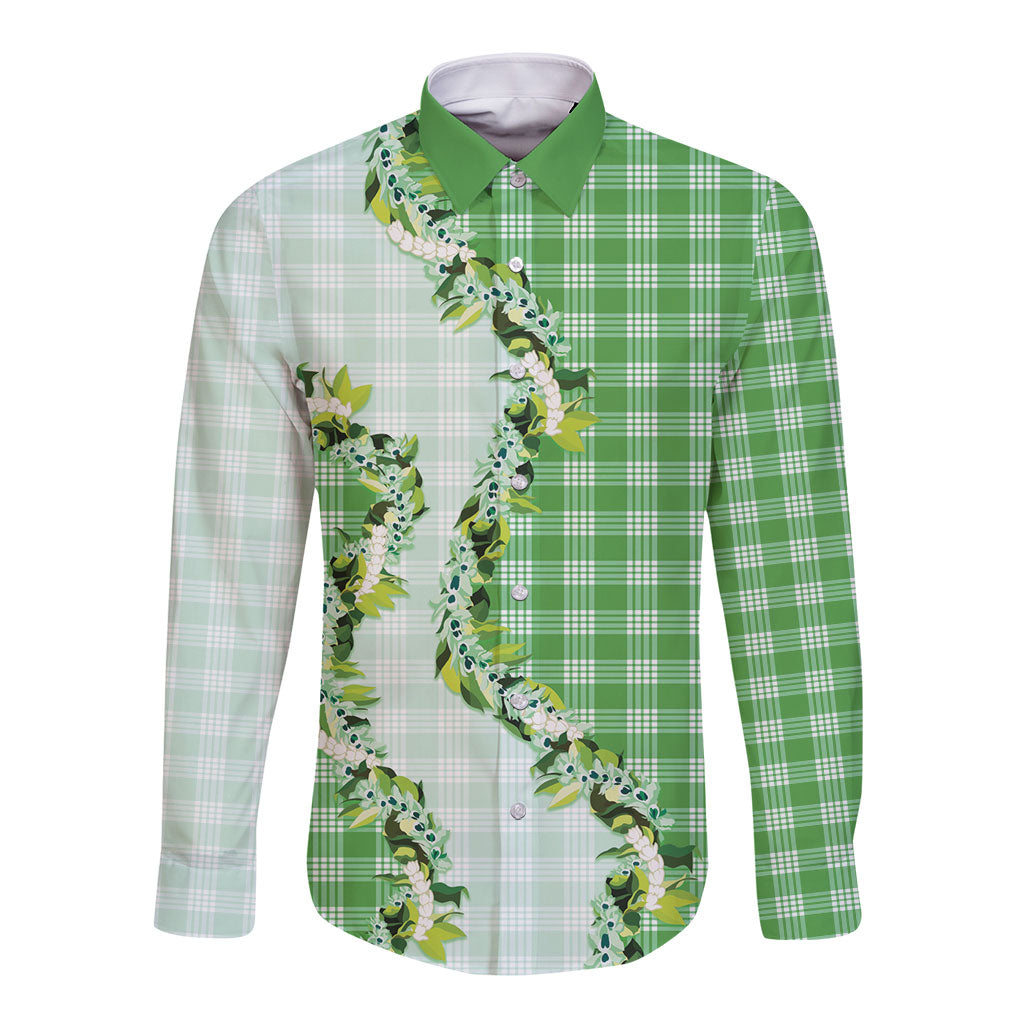 Green Hawaii Palaka Long Sleeve Button Shirt Maile Pikake Honohono Orchid Lei