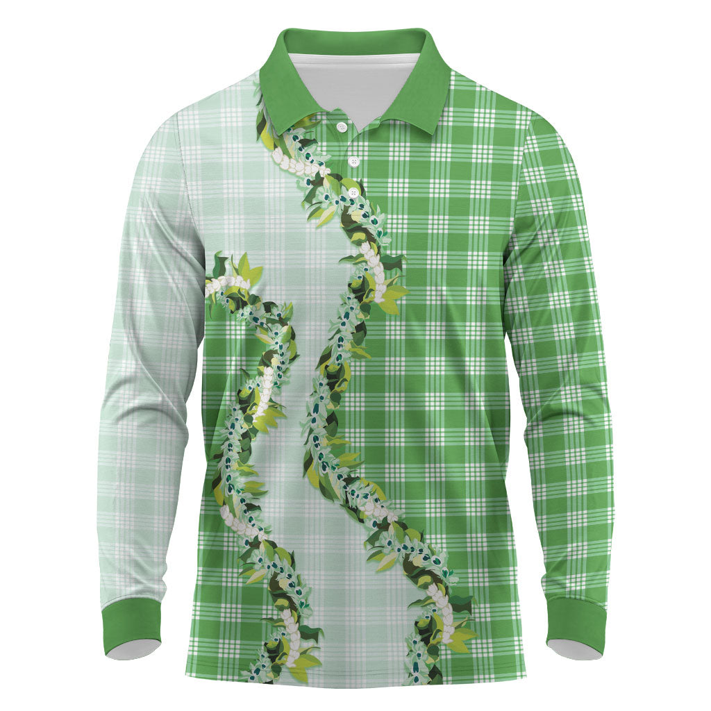 Green Hawaii Palaka Long Sleeve Polo Shirt Maile Pikake Honohono Orchid Lei