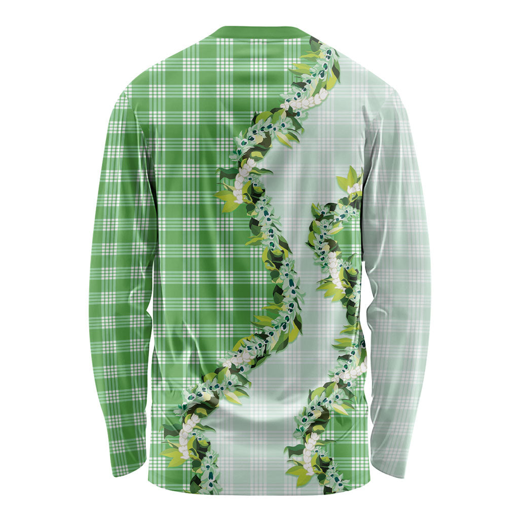 Green Hawaii Palaka Long Sleeve Shirt Maile Pikake Honohono Orchid Lei