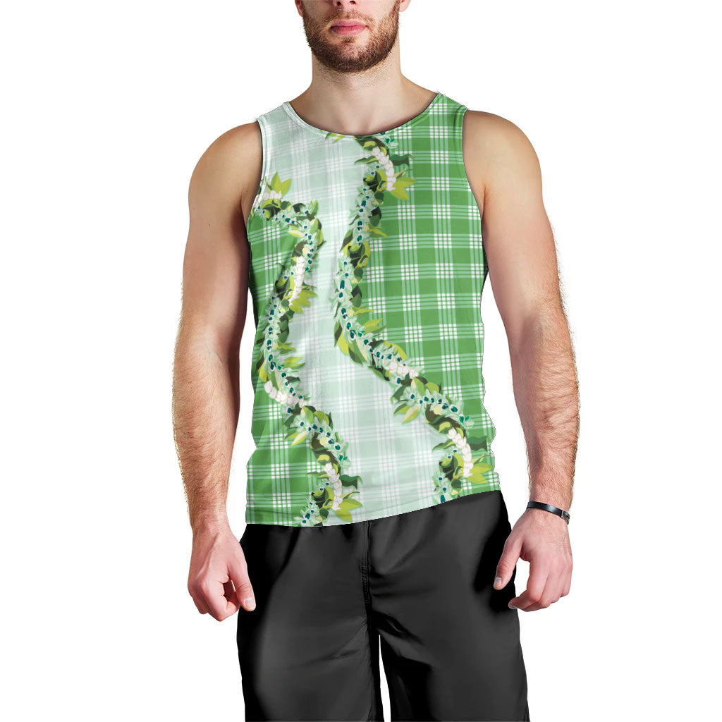 Green Hawaii Palaka Men Tank Top Maile Pikake Honohono Orchid Lei