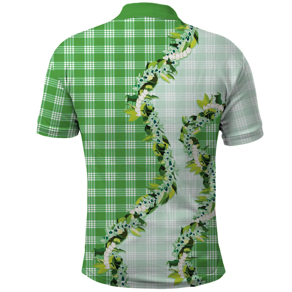 Green Hawaii Palaka Polo Shirt Maile Pikake Honohono Orchid Lei