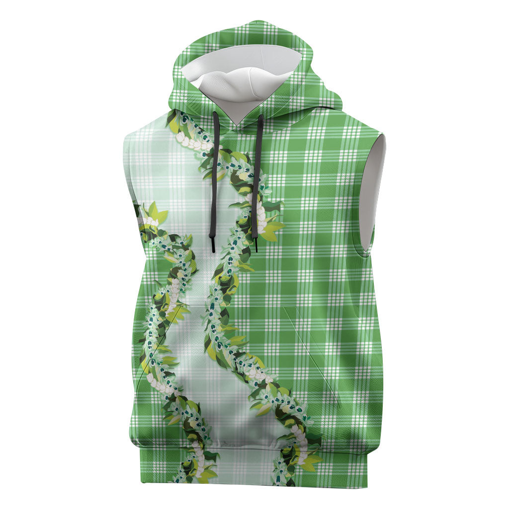 Green Hawaii Palaka Sleeveless Hoodie Maile Pikake Honohono Orchid Lei