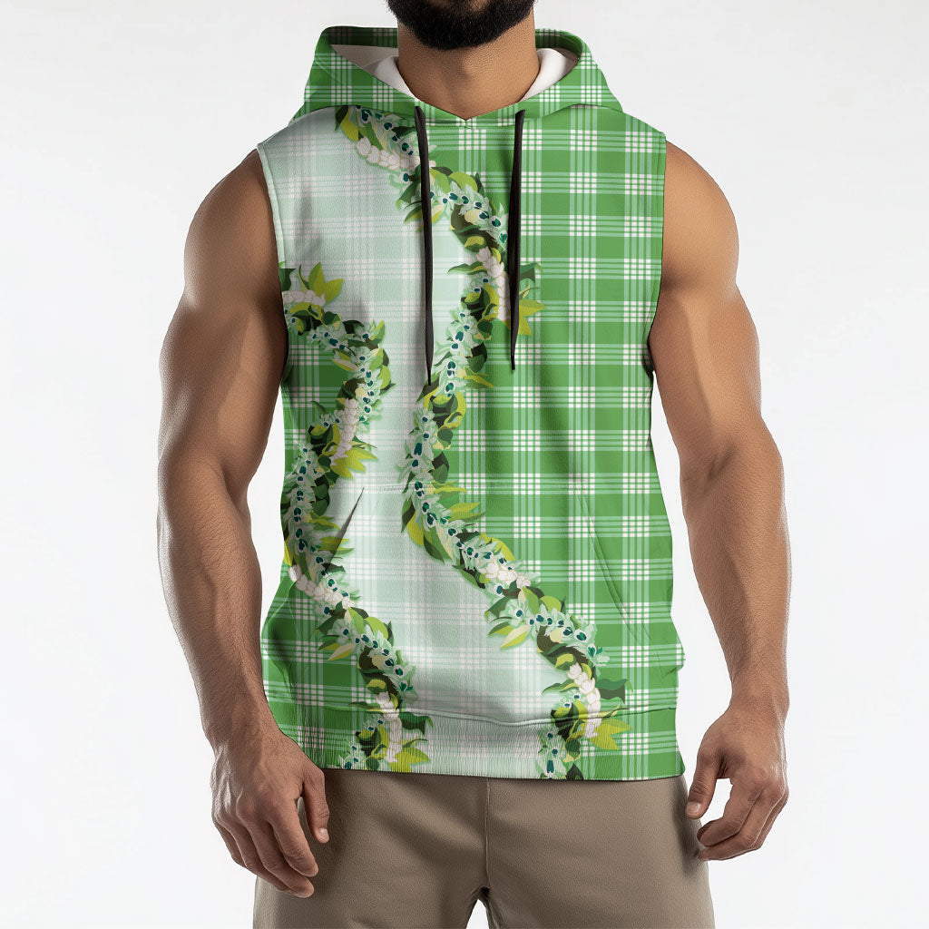 Green Hawaii Palaka Sleeveless Hoodie Maile Pikake Honohono Orchid Lei