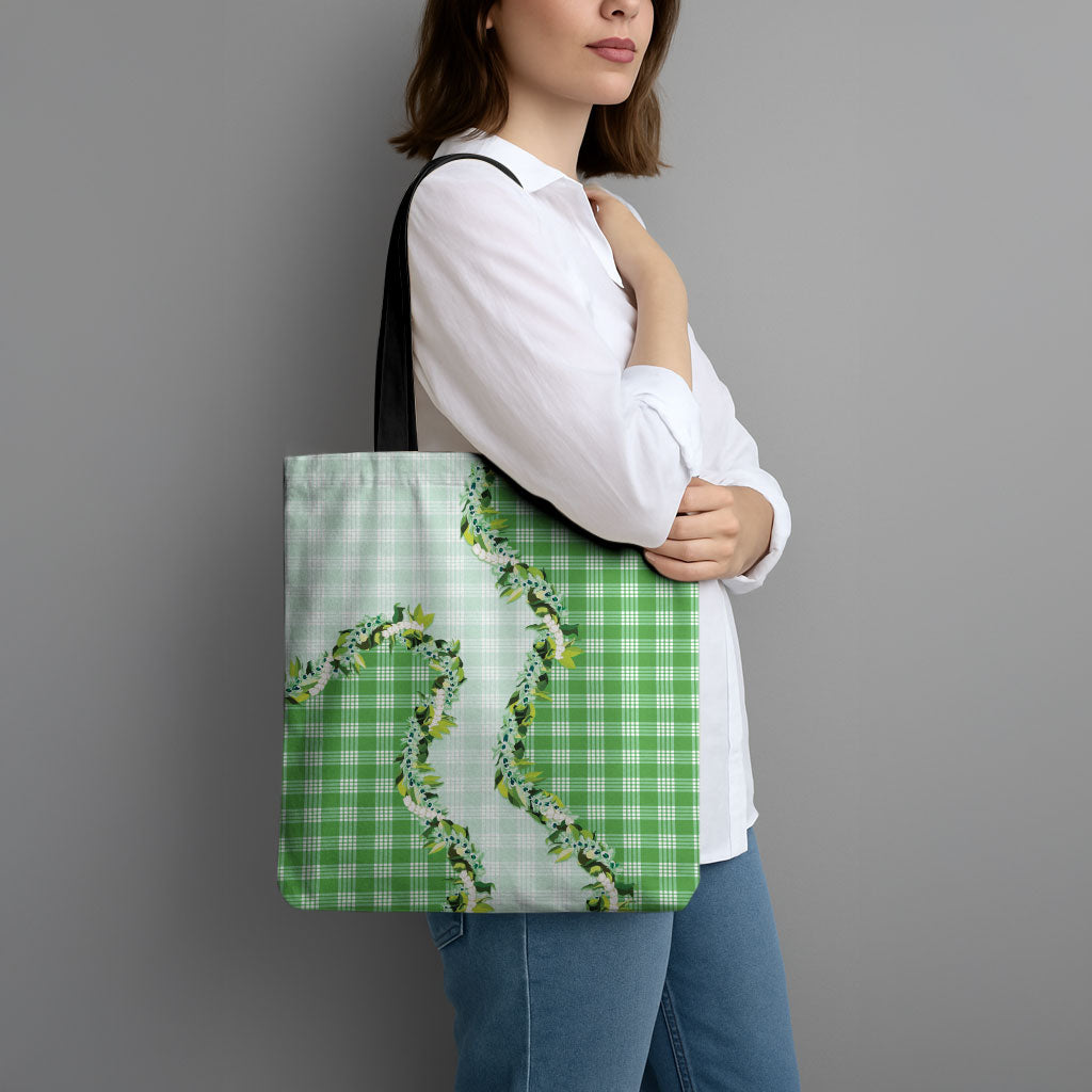 Green Hawaii Palaka Tote Bag Maile Pikake Honohono Orchid Lei