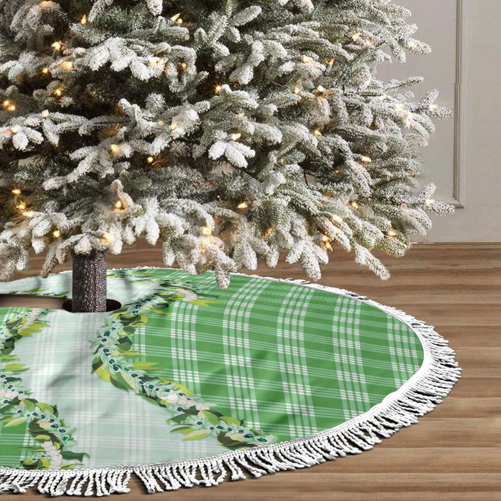 Green Hawaii Palaka Tree Skirt Maile Pikake Honohono Orchid Lei LT05 - Polynesian Pride