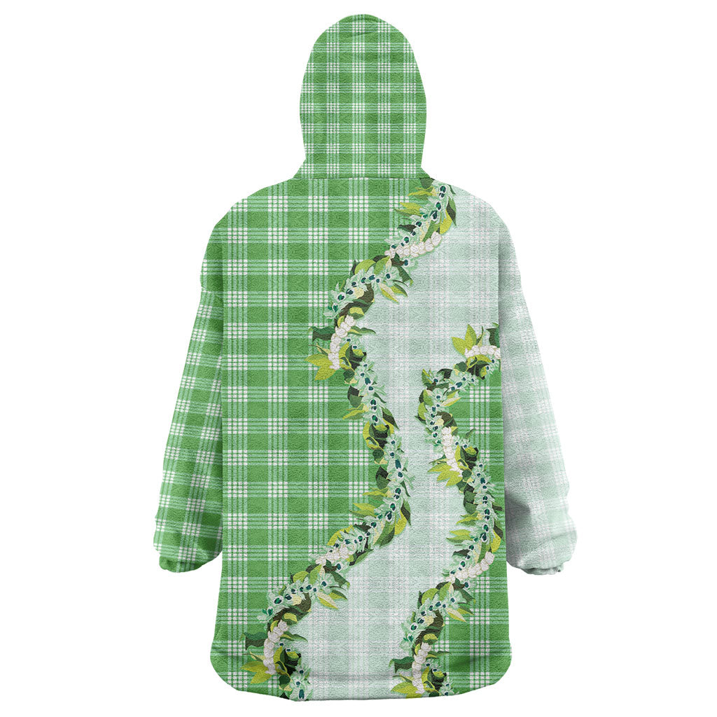 Green Hawaii Palaka Wearable Blanket Hoodie Maile Pikake Honohono Orchid Lei