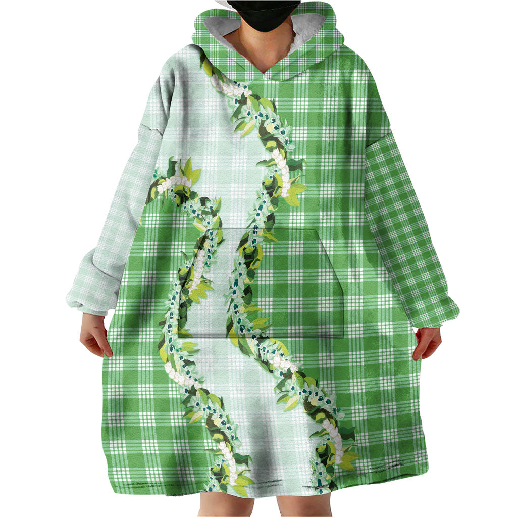 Green Hawaii Palaka Wearable Blanket Hoodie Maile Pikake Honohono Orchid Lei