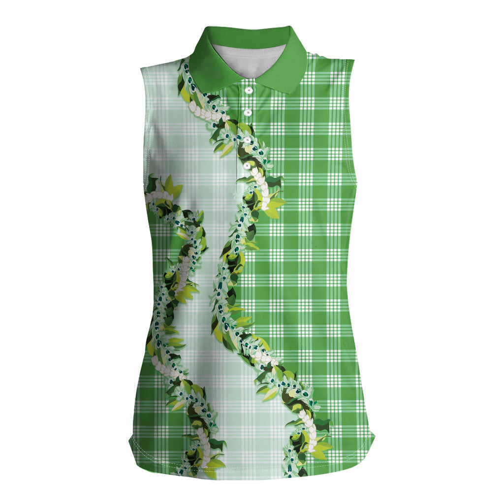 Green Hawaii Palaka Women Sleeveless Polo Shirt Maile Pikake Honohono Orchid Lei
