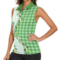 Green Hawaii Palaka Women Sleeveless Polo Shirt Maile Pikake Honohono Orchid Lei LT05 - Polynesian Pride