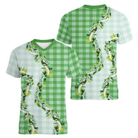 Green Hawaii Palaka Women V-Neck T-Shirt Maile Pikake Honohono Orchid Lei LT05 - Polynesian Pride