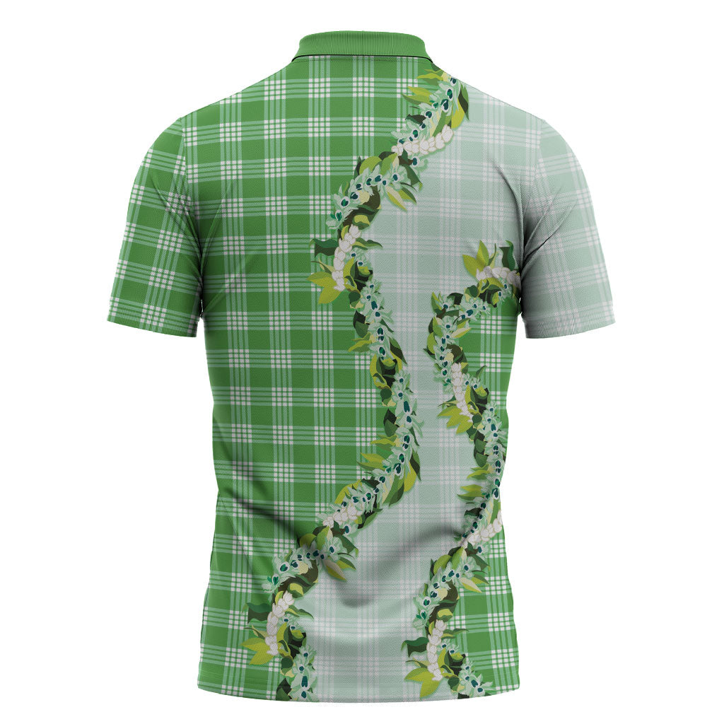 Green Hawaii Palaka Zipper Polo Shirt Maile Pikake Honohono Orchid Lei
