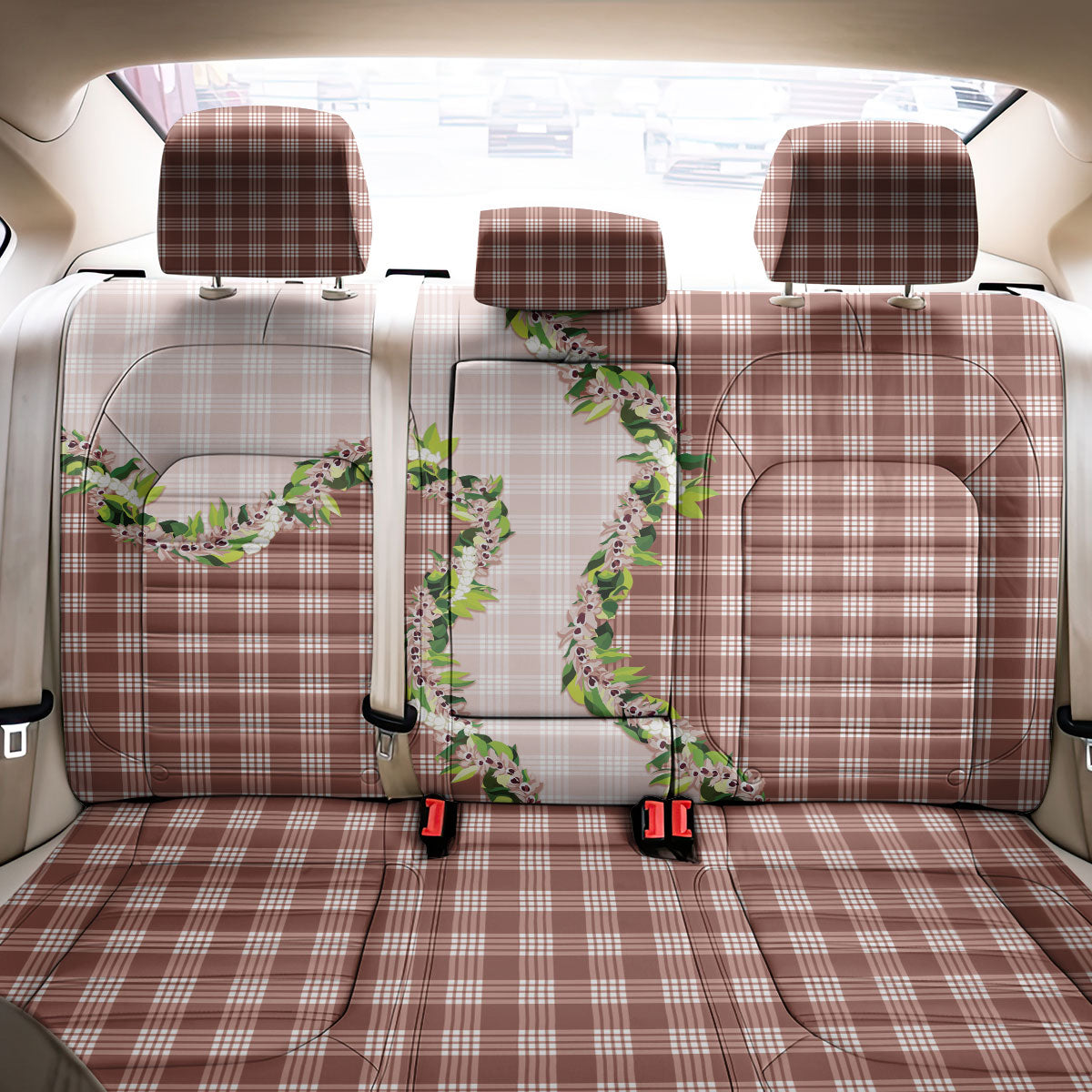 Mocha Hawaii Palaka Back Car Seat Cover Maile Pikake Honohono Orchid Lei LT05 - Polynesian Pride
