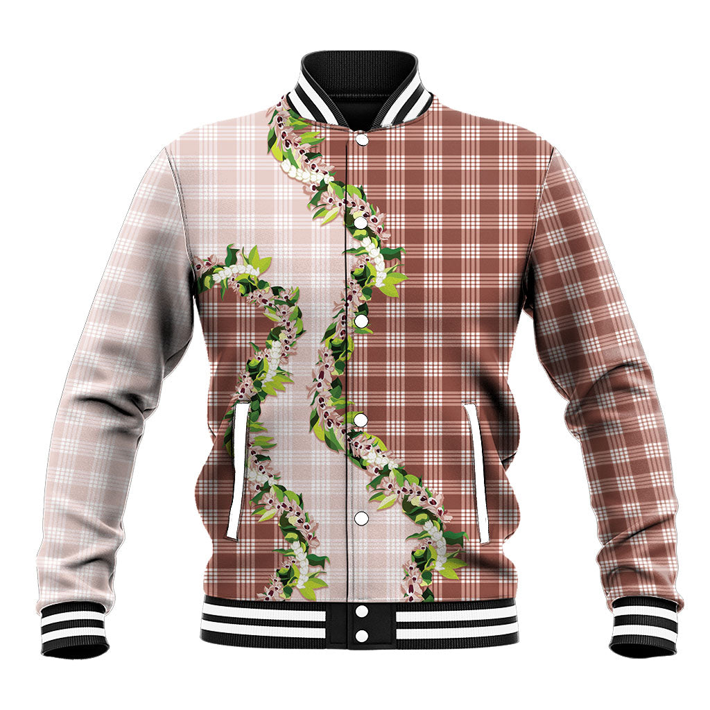 Mocha Hawaii Palaka Baseball Jacket Maile Pikake Honohono Orchid Lei