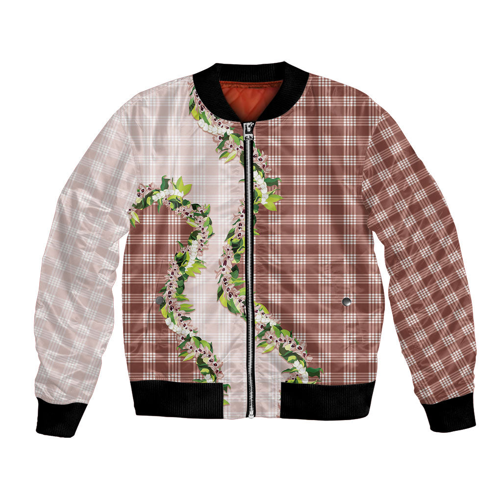 Mocha Hawaii Palaka Bomber Jacket Maile Pikake Honohono Orchid Lei