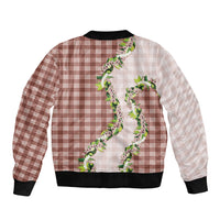 Mocha Hawaii Palaka Bomber Jacket Maile Pikake Honohono Orchid Lei